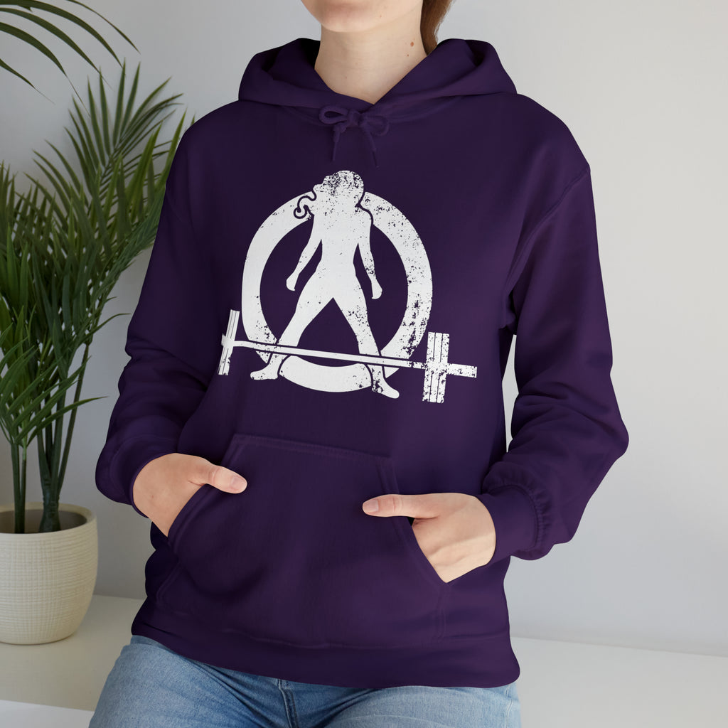 COFFEE and a Barbell  - Distressed White Logo  - Unisex Heavy Blend Hooded Sweatshirt