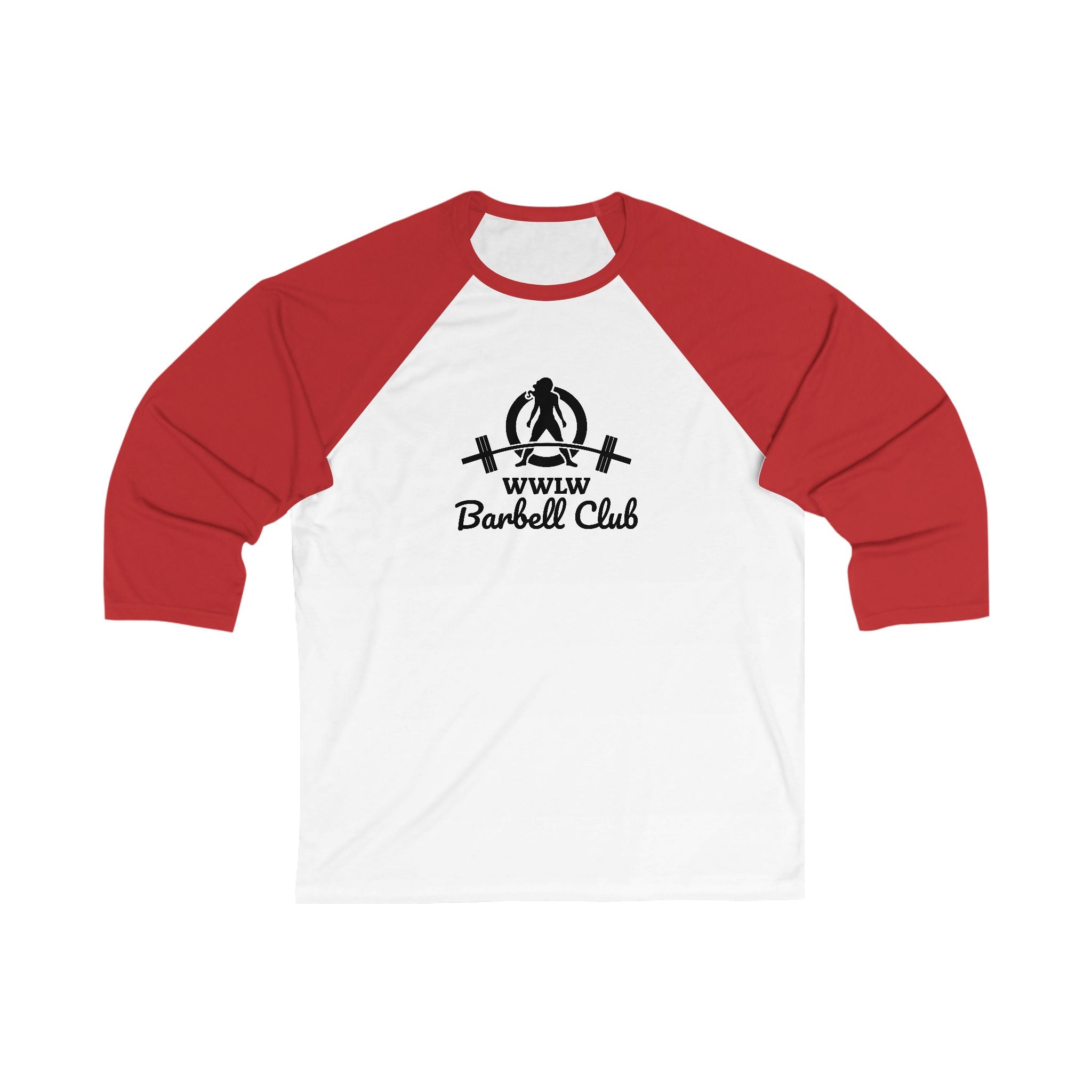 WWLW Barbell Club - Unisex 3\4 Sleeve Baseball Tee - Front Logo Plain Back