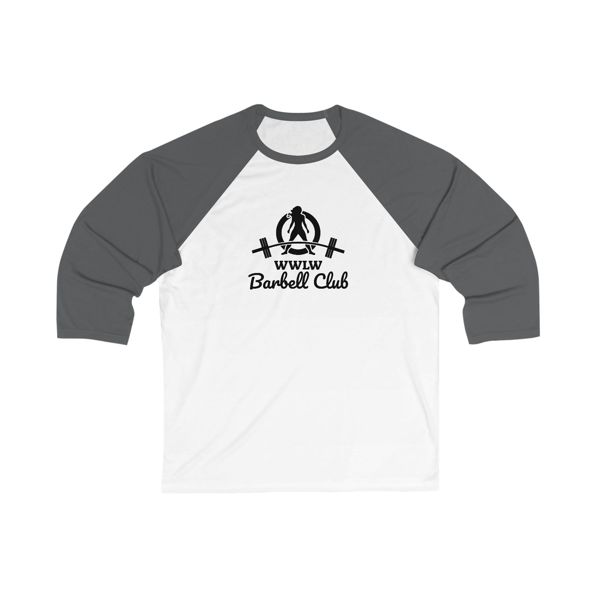 WWLW Barbell Club - Unisex 3\4 Sleeve Baseball Tee - Front Logo Plain Back