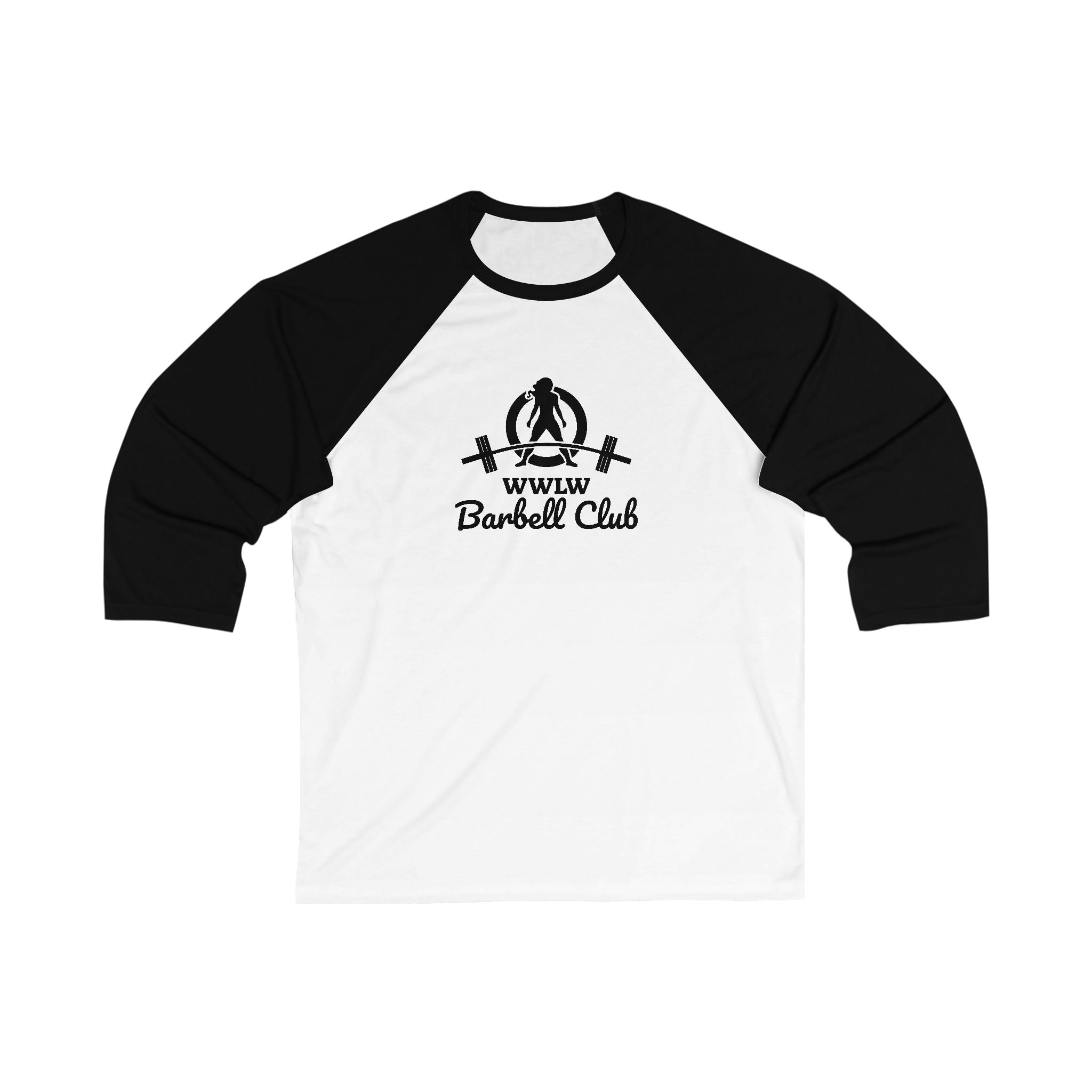 WWLW Barbell Club - Unisex 3\4 Sleeve Baseball Tee - Front Logo Plain Back