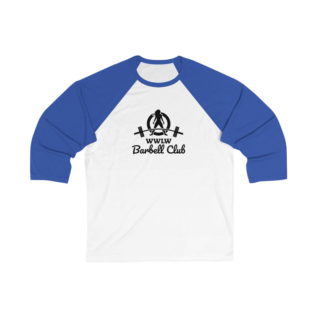 WWLW Barbell Club - Unisex 3\4 Sleeve Baseball Tee - Front Logo Plain Back