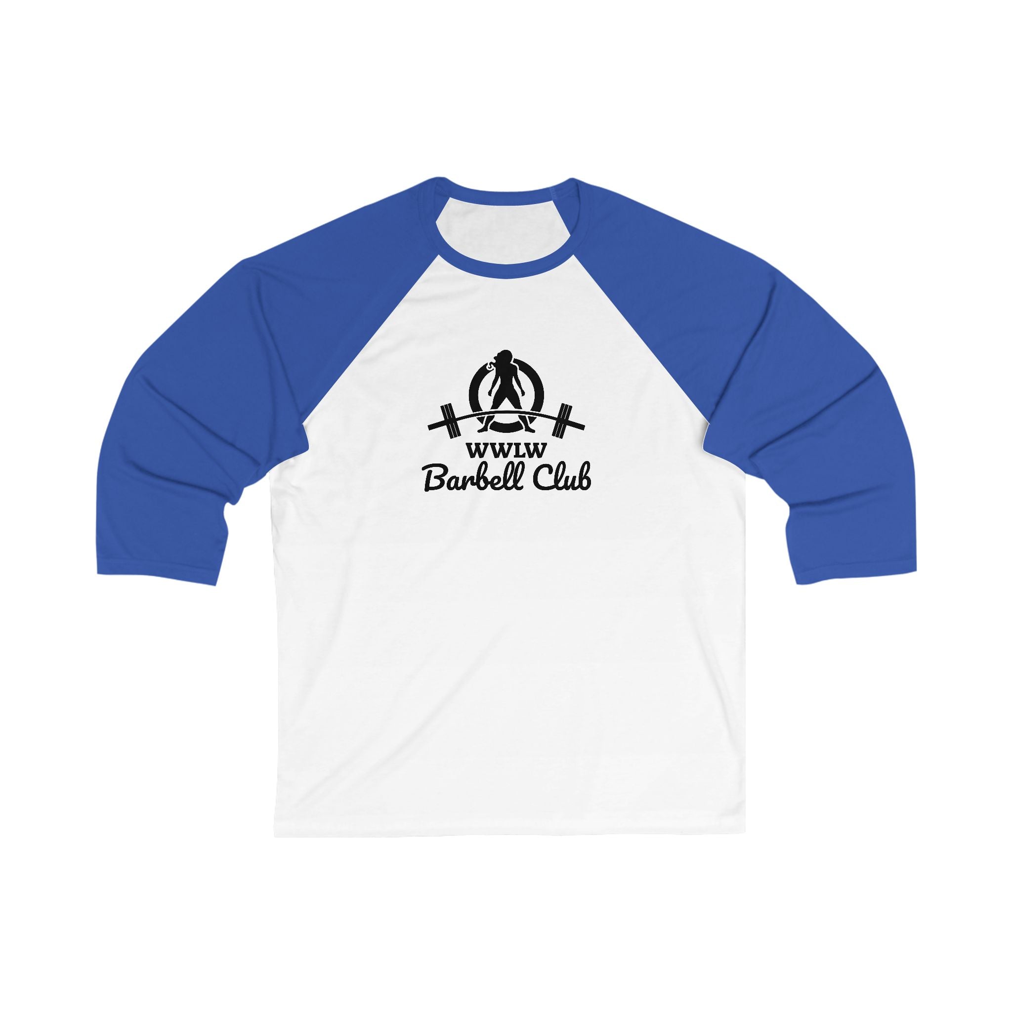 WWLW Barbell Club - Unisex 3\4 Sleeve Baseball Tee - Front Logo Plain Back
