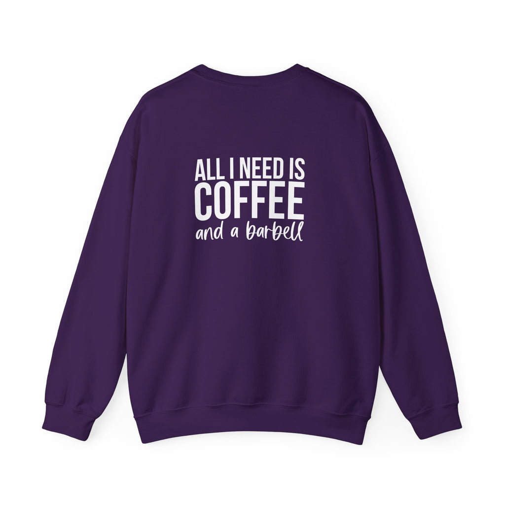 ALL I NEED IS COFFEE and a Barbell - Unisex Heavy Blend™ Crewneck Sweatshirt - Distressed Logo - Front & Back