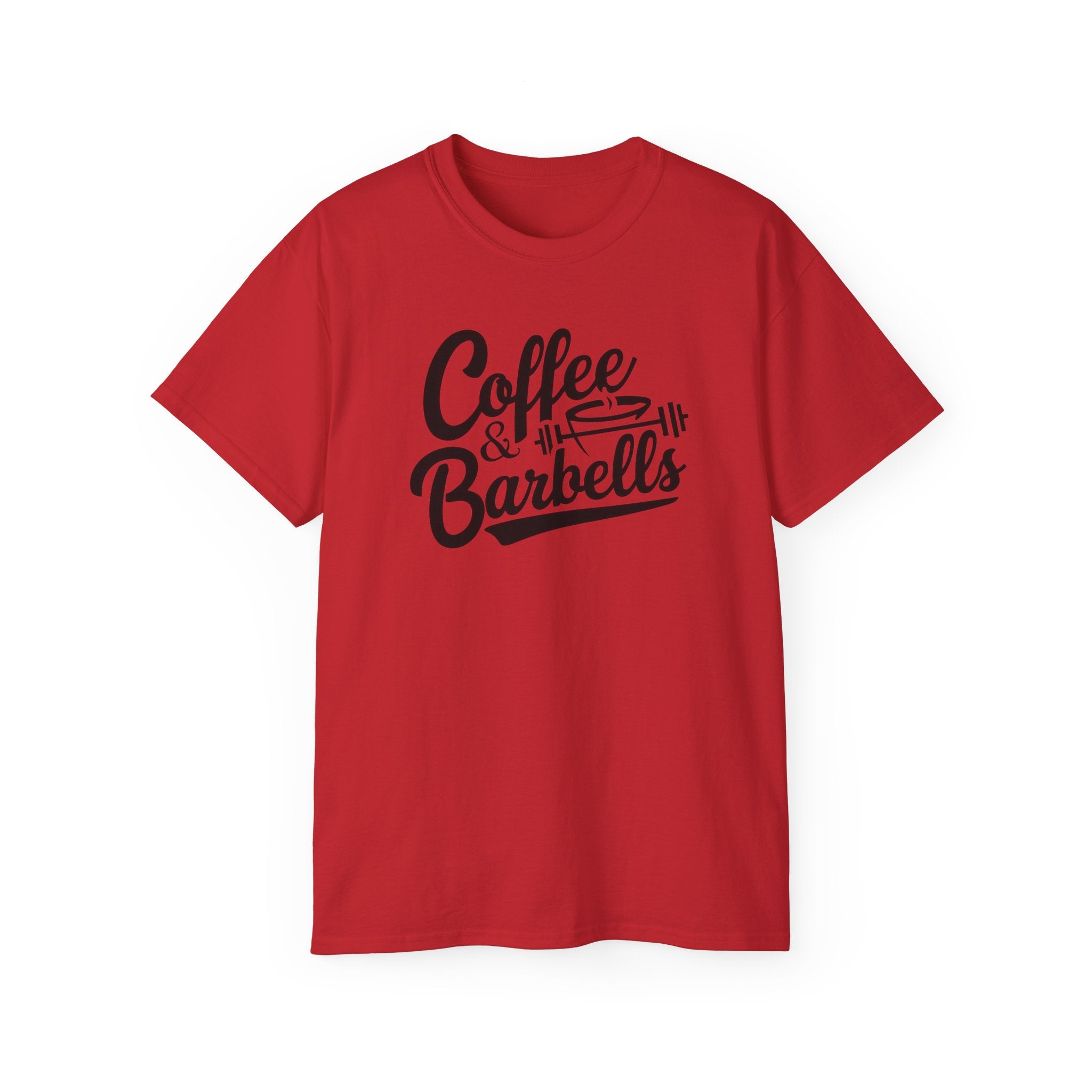 Coffee & Barbells - Unisex Ultra Cotton Tee - Front Black Logo - Plain Back