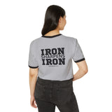 Iron Sharpens Iron - Unisex Cotton Ringer T-Shirt - Black Logo Front Plain Back