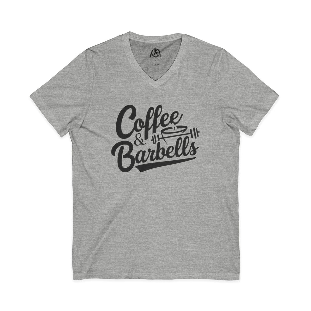Coffee & Barbells - Unisex Jersey Short Sleeve V-Neck Tee - Black Logo Plain Back