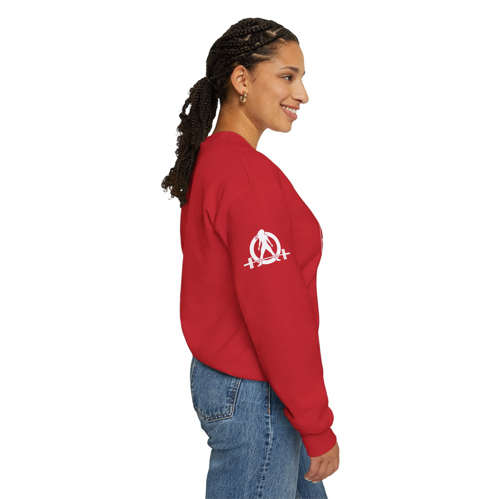 She is STRONG - Unisex Heavy Blend™ Crewneck Sweatshirt - Front White Logo - Plain Back