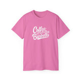 Coffee & Barbells - Unisex Ultra Cotton Tee - Front White Logo - Plain Back