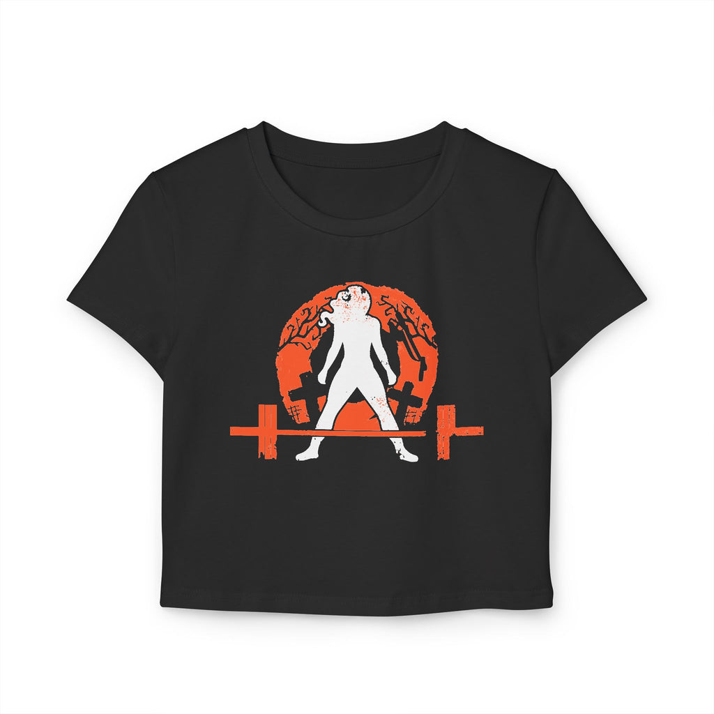 Women's Baby Tee - White Distressed Logo - Halloween Graveyard