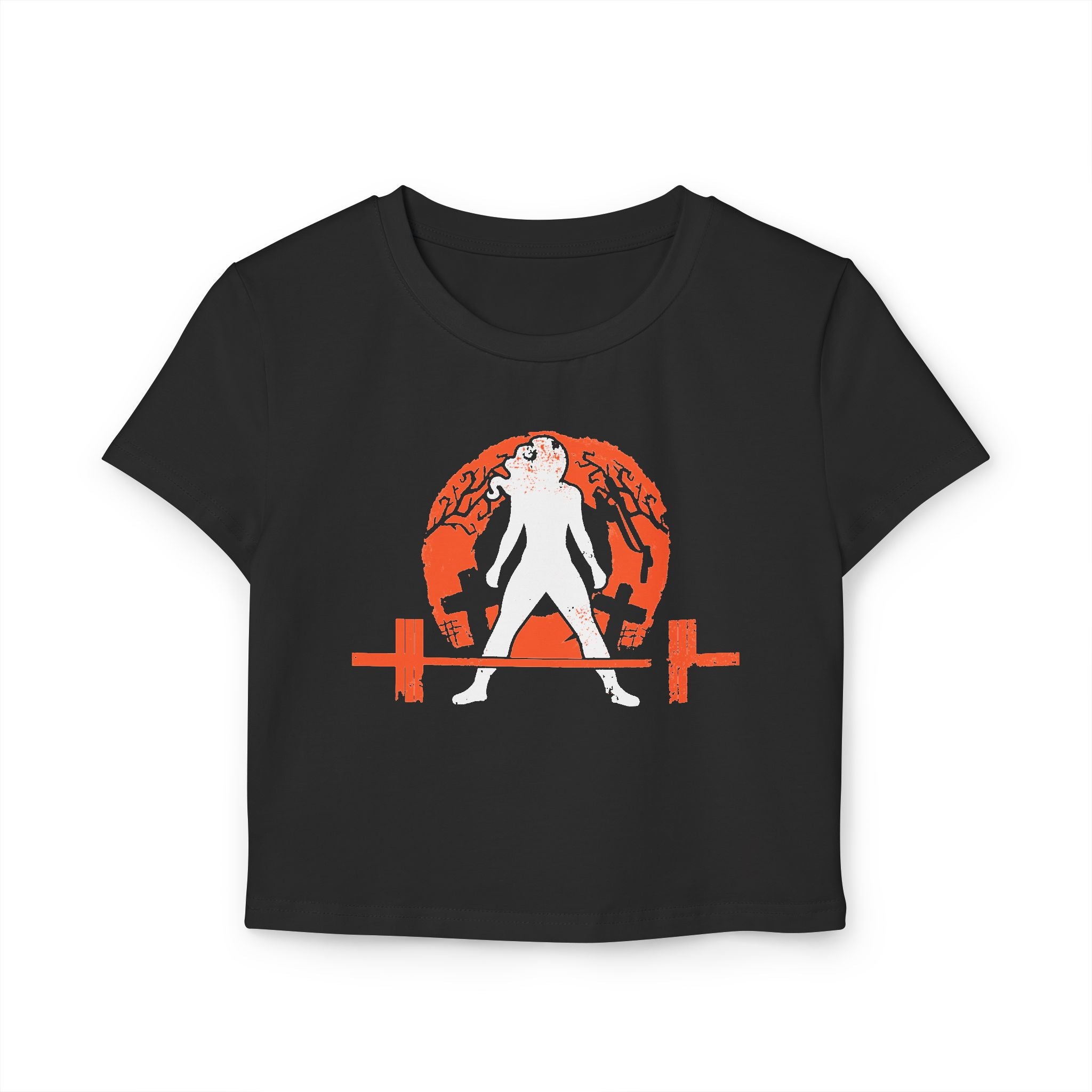 Women's Baby Tee - White Distressed Logo - Halloween Graveyard