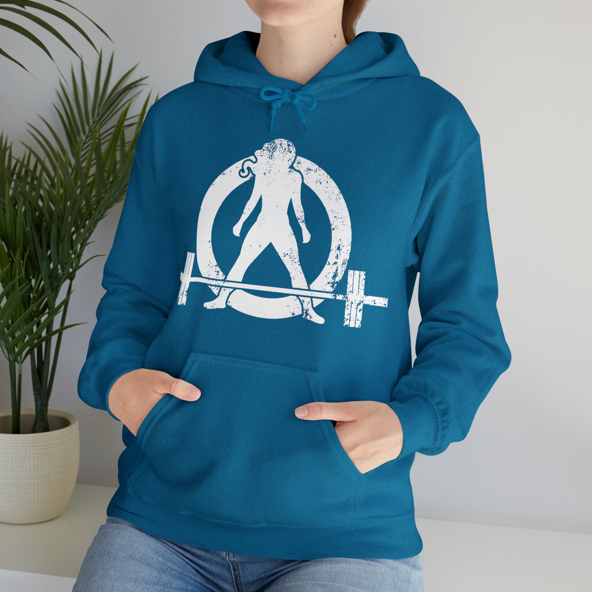COFFEE and a Barbell  - Distressed White Logo  - Unisex Heavy Blend Hooded Sweatshirt