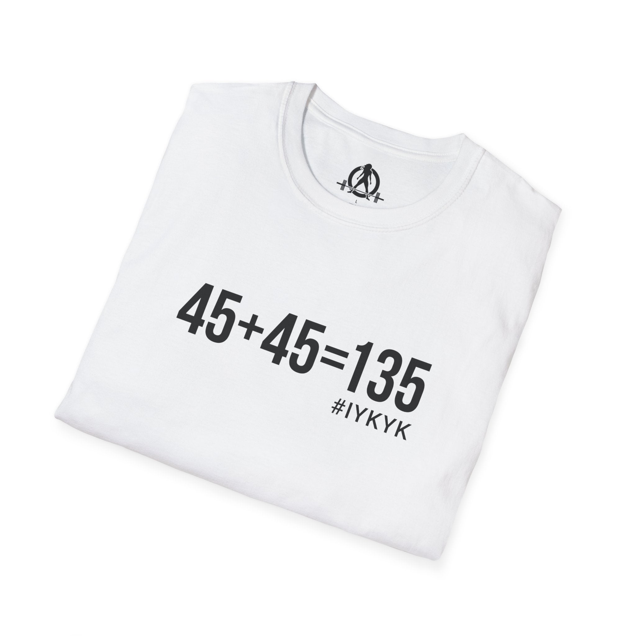 45 + 45 = 135 - Unisex Softstyle T-Shirt - Black Print on Front Plain Back