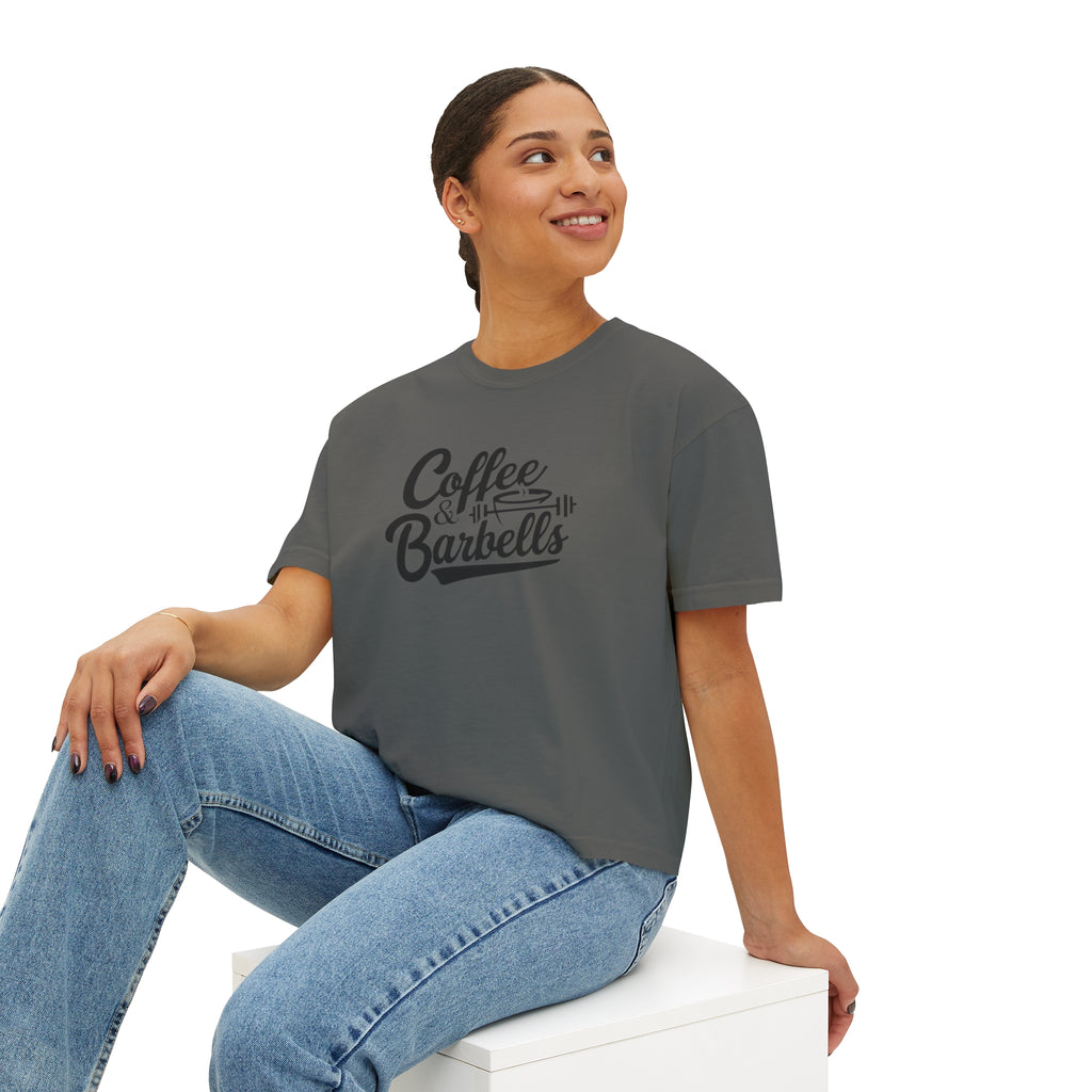 Coffee & Barbells - Women's Boxy Tee - Black Logo Front Plain Back