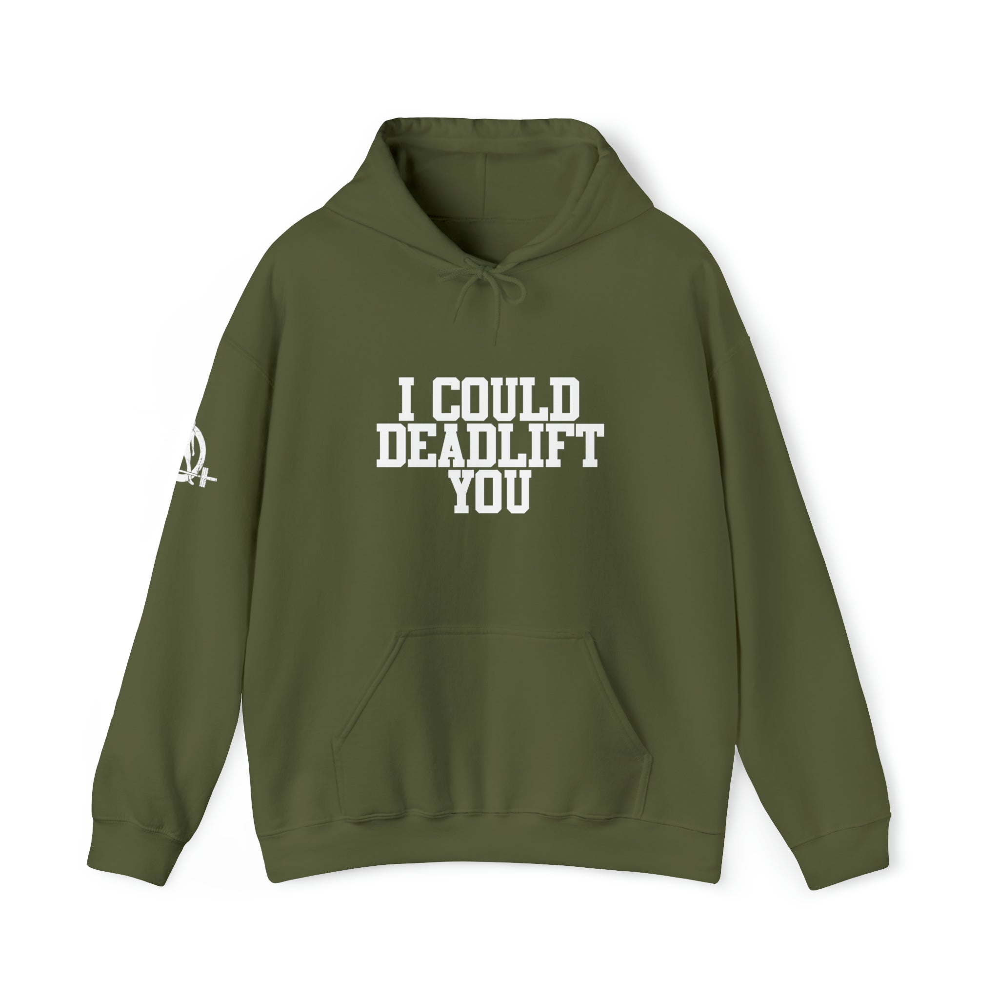 I Could Deadlift You. - Unisex Heavy Blend Hooded Sweatshirt - White Logo - Right Shoulder - Plain Back