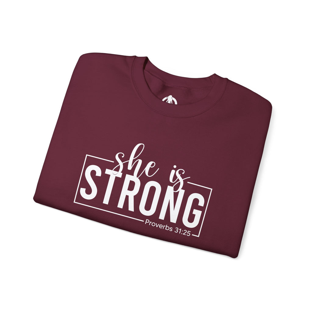 She is STRONG - Unisex Heavy Blend™ Crewneck Sweatshirt - Front White Logo - Plain Back