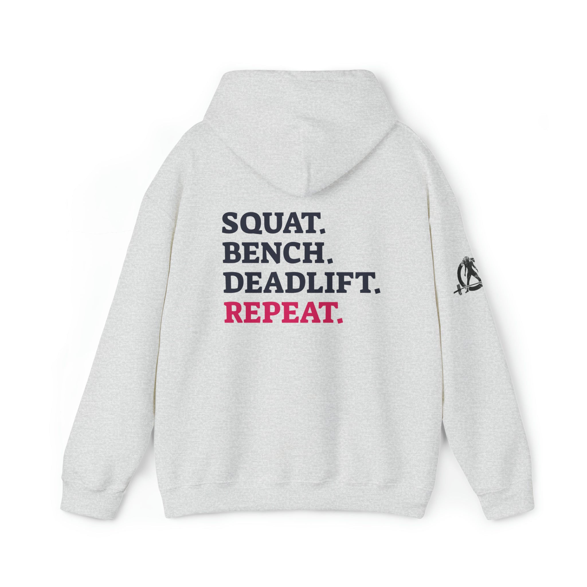 Squat Bench Deadlift Repeat - Unisex Heavy Blend Hooded Sweatshirt - Dark Black Logo - Pink - SBDR on BACK