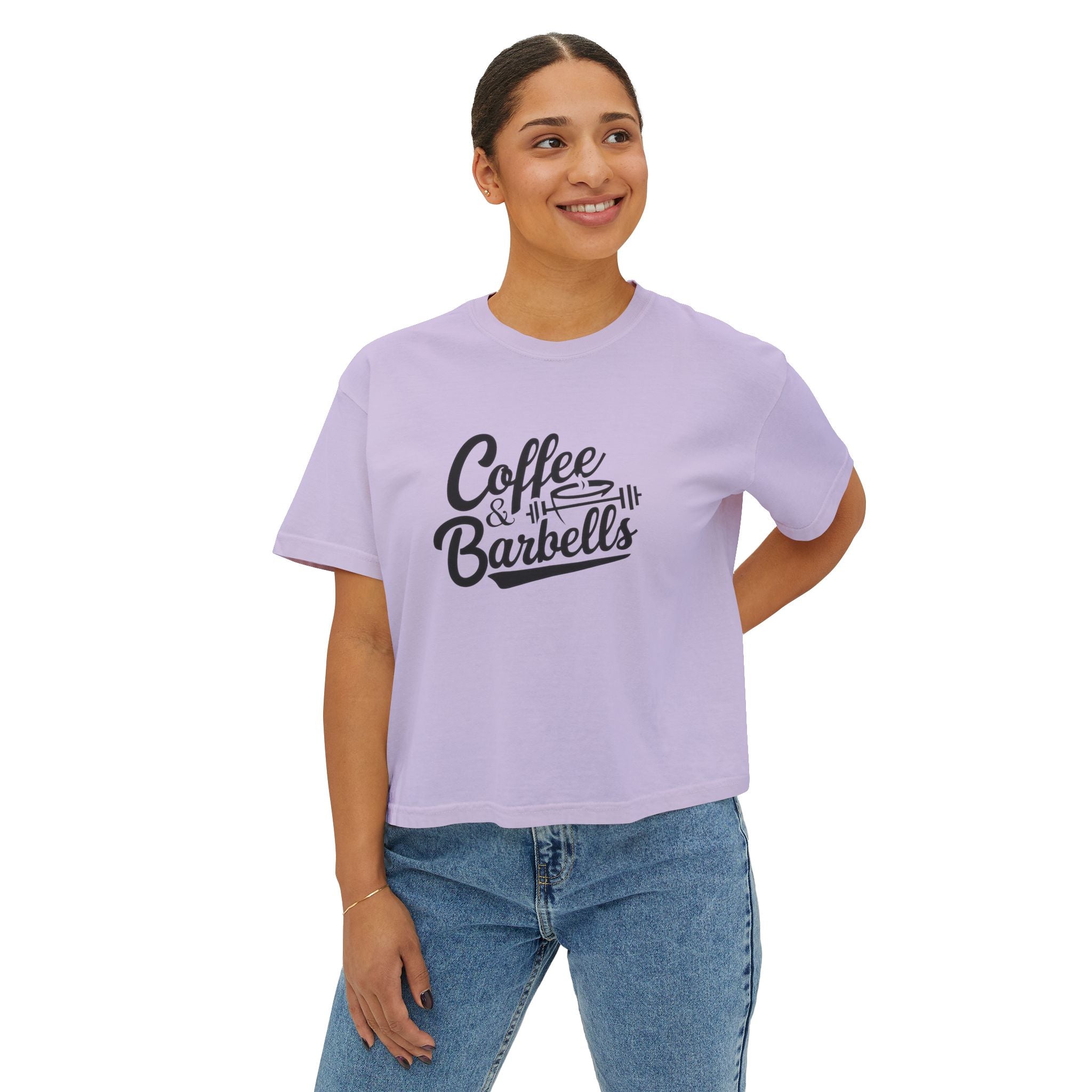 Coffee & Barbells - Women's Boxy Tee - Black Logo Front Plain Back