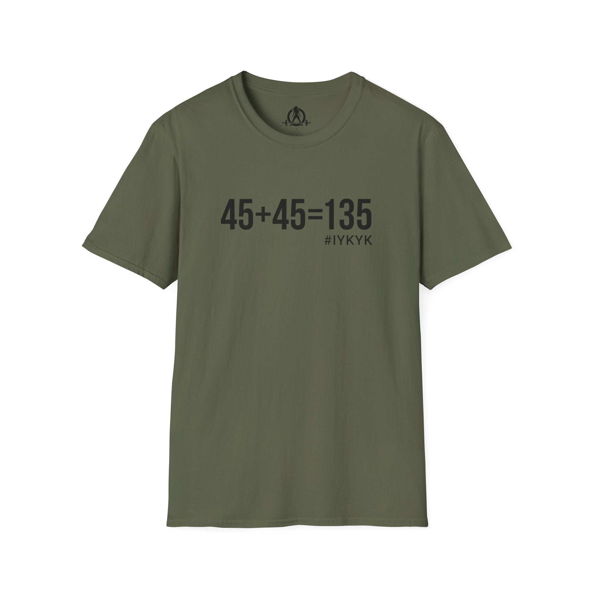 45 + 45 = 135 - Unisex Softstyle T-Shirt - Black Print on Front Plain Back