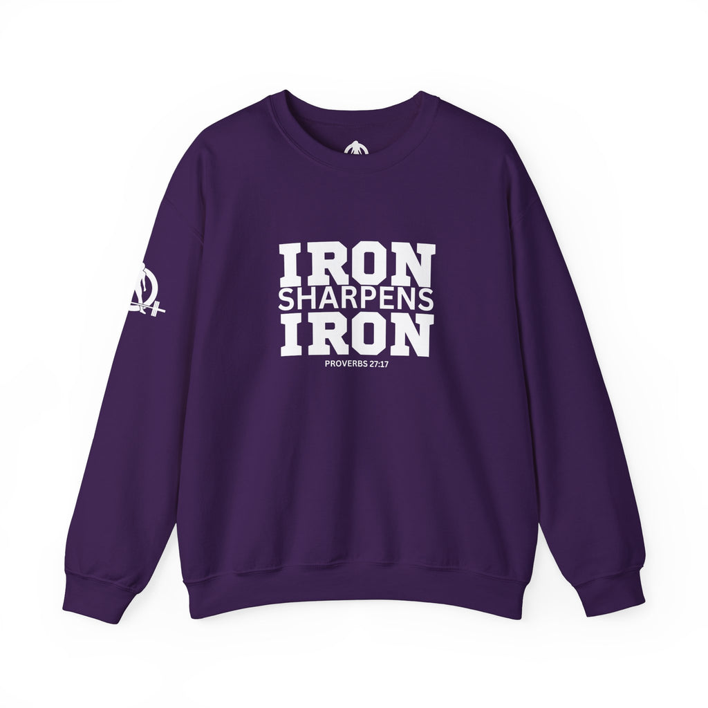 Iron Sharpens Iron - Unisex Heavy Blend™ Crewneck Sweatshirt - Front White Logo - Plain Back