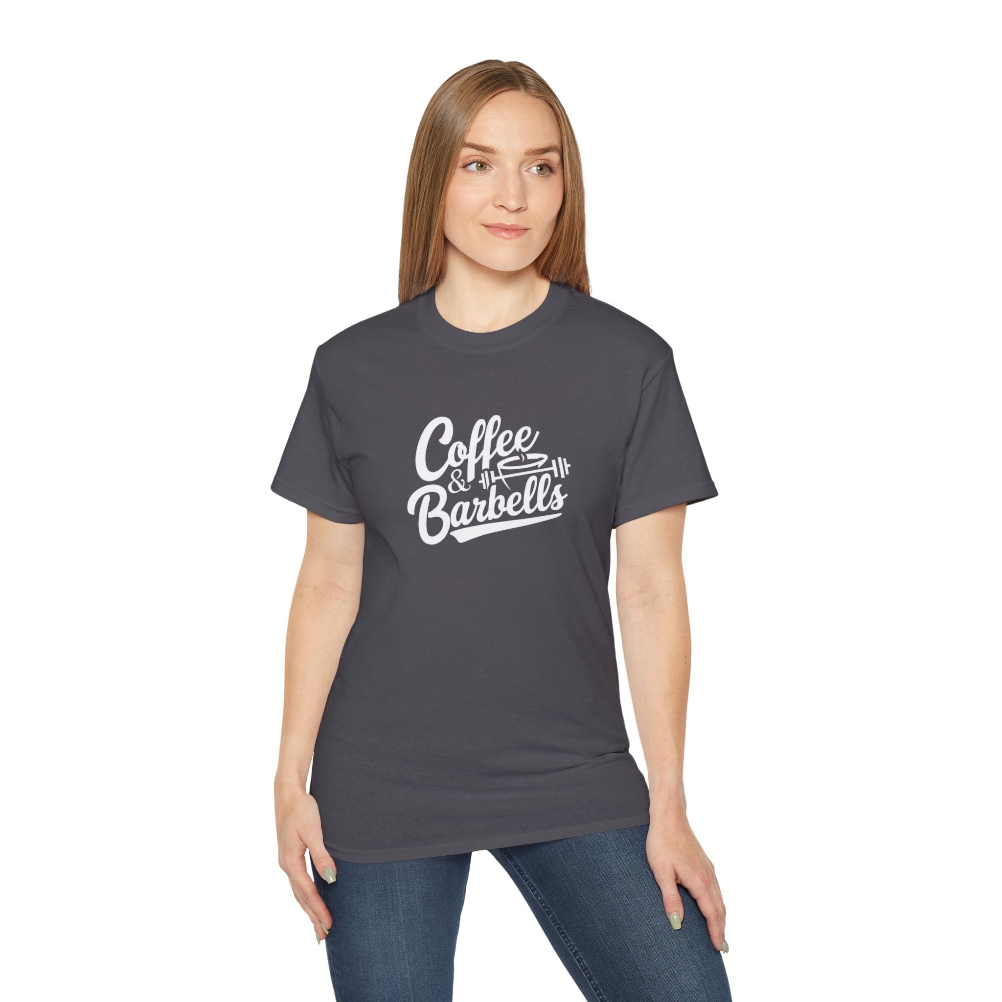 Coffee & Barbells - Unisex Ultra Cotton Tee - Front White Logo - Plain Back