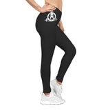 Black Women's Casual Leggings - Black and White Distressed Logo - Right Hip
