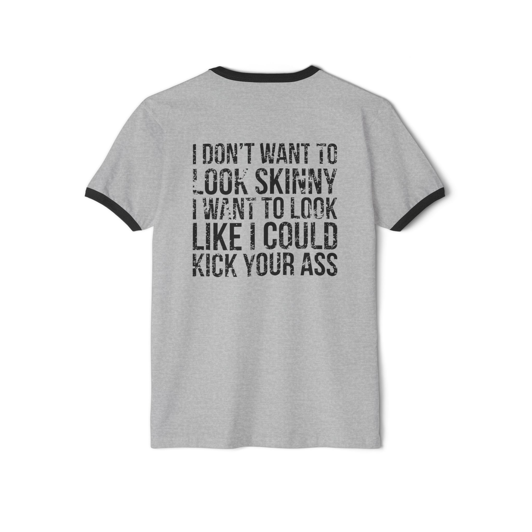 Kick Your Ass - Unisex Cotton Ringer T-Shirt - Black Distressed Logo Front & Back