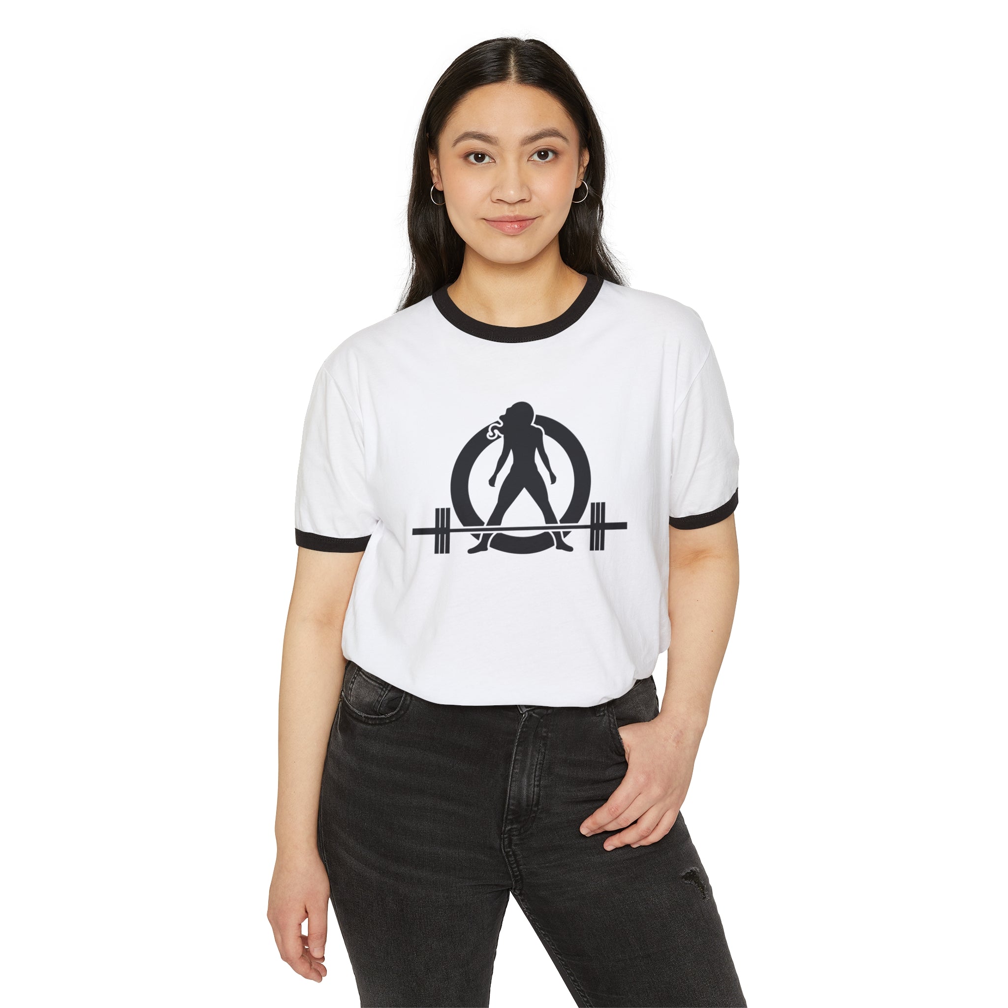 Strong Not Skinny - Unisex Cotton Ringer T-Shirt - Black Logo Front & Back