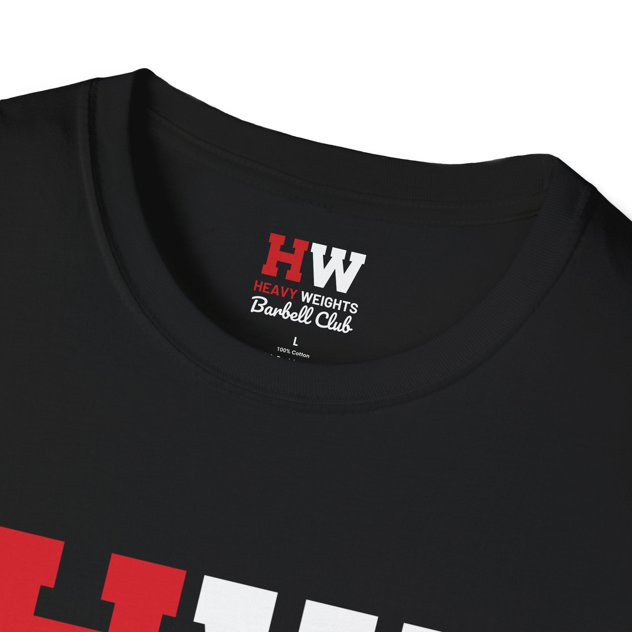 Heavy Weights Barbell Club  - Unisex Softstyle T-Shirt - Black Logo - Plain Back