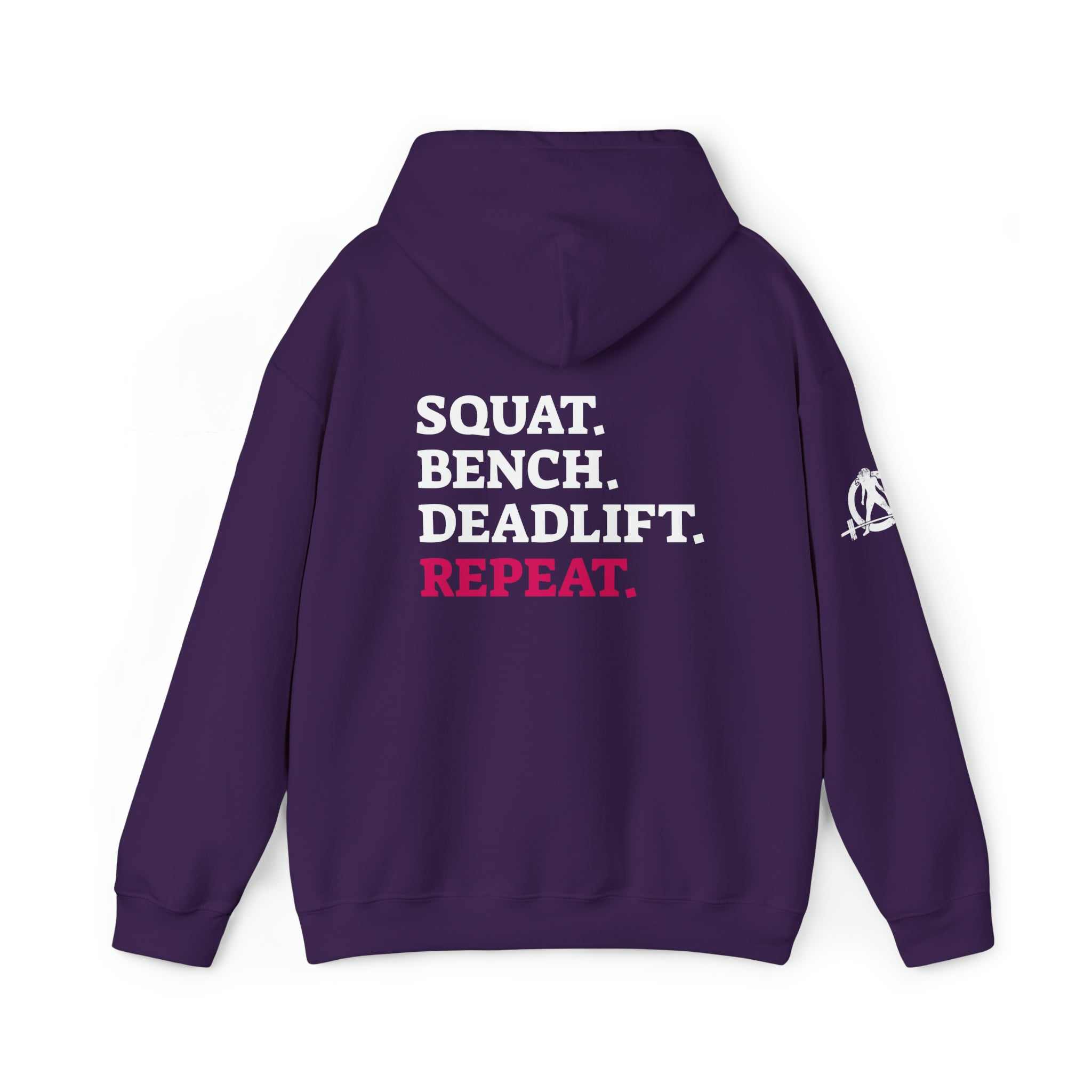 Squat Bench Deadlift Repeat - Unisex Heavy Blend Hooded Sweatshirt - Dark White Logo - Pink - SBDR on BACK