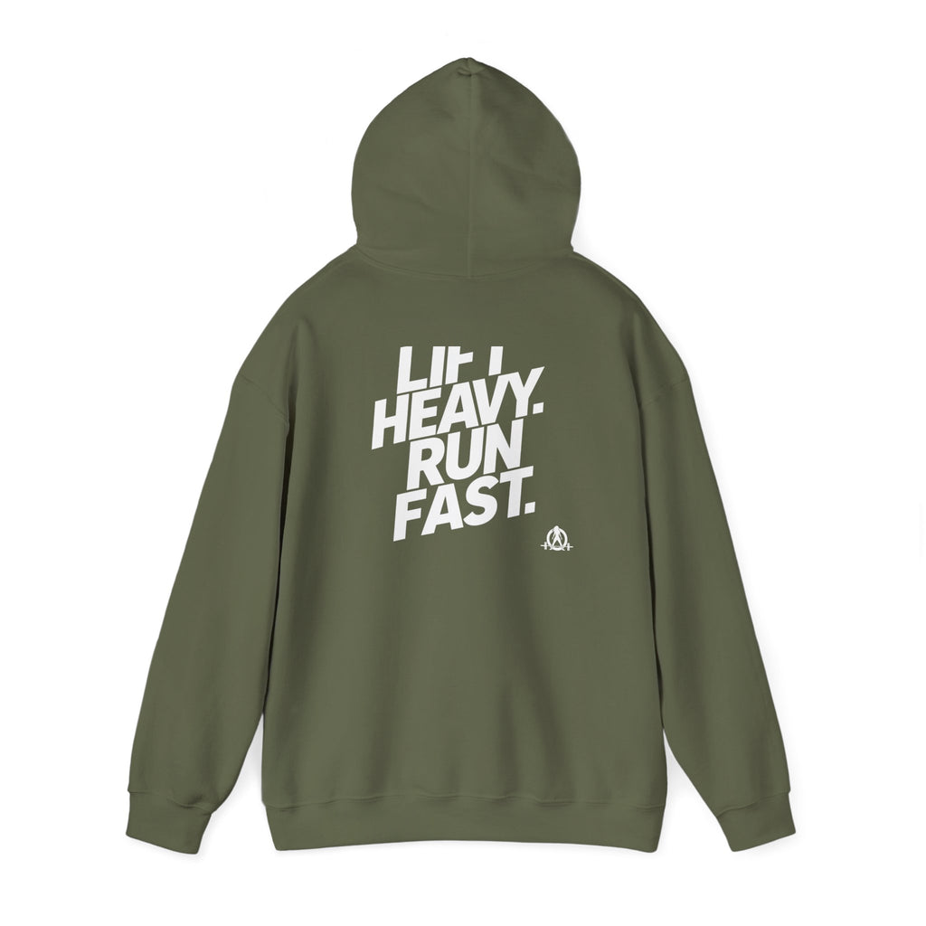 Lift Heavy Run Fast - Unisex Heavy Blend Hooded Sweatshirt - Front White & Back Logo