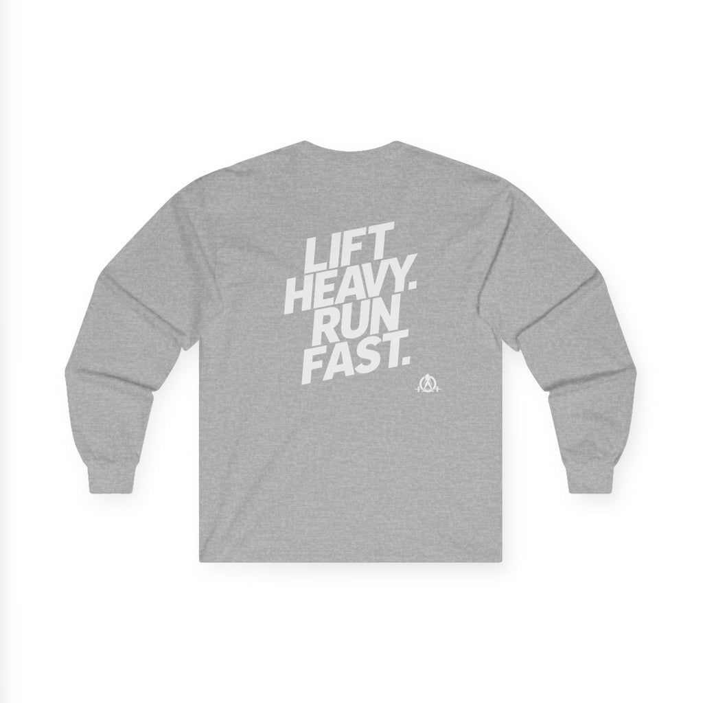 Lift Heavy Run Fast - Ultra Cotton Long Sleeve Tee - White Logo Front & Back