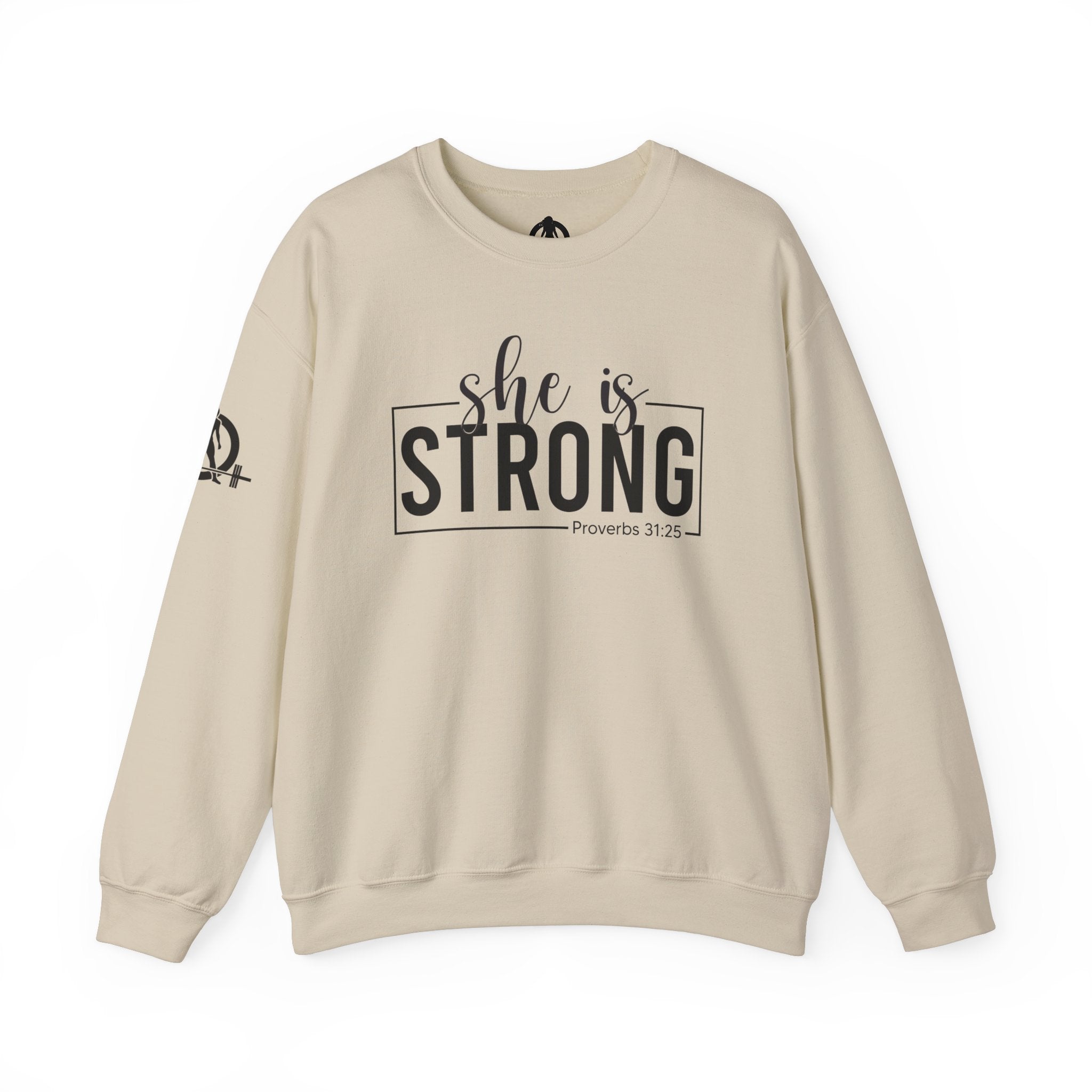 She is STRONG - Unisex Heavy Blend™ Crewneck Sweatshirt - Front Black Logo - Plain Back