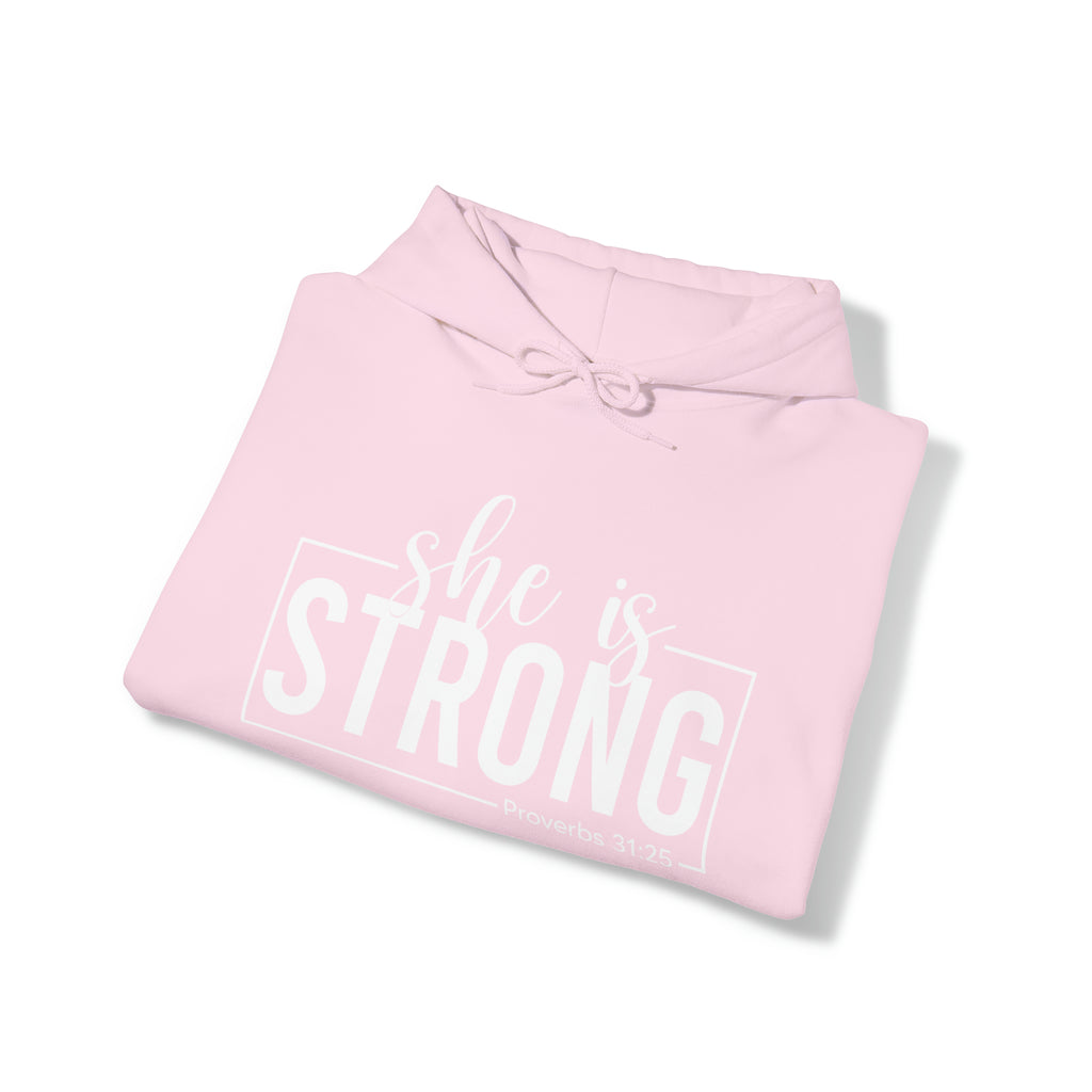 She is STRONG - Unisex Heavy Blend Hooded Sweatshirt - White Logo -  Plain Back