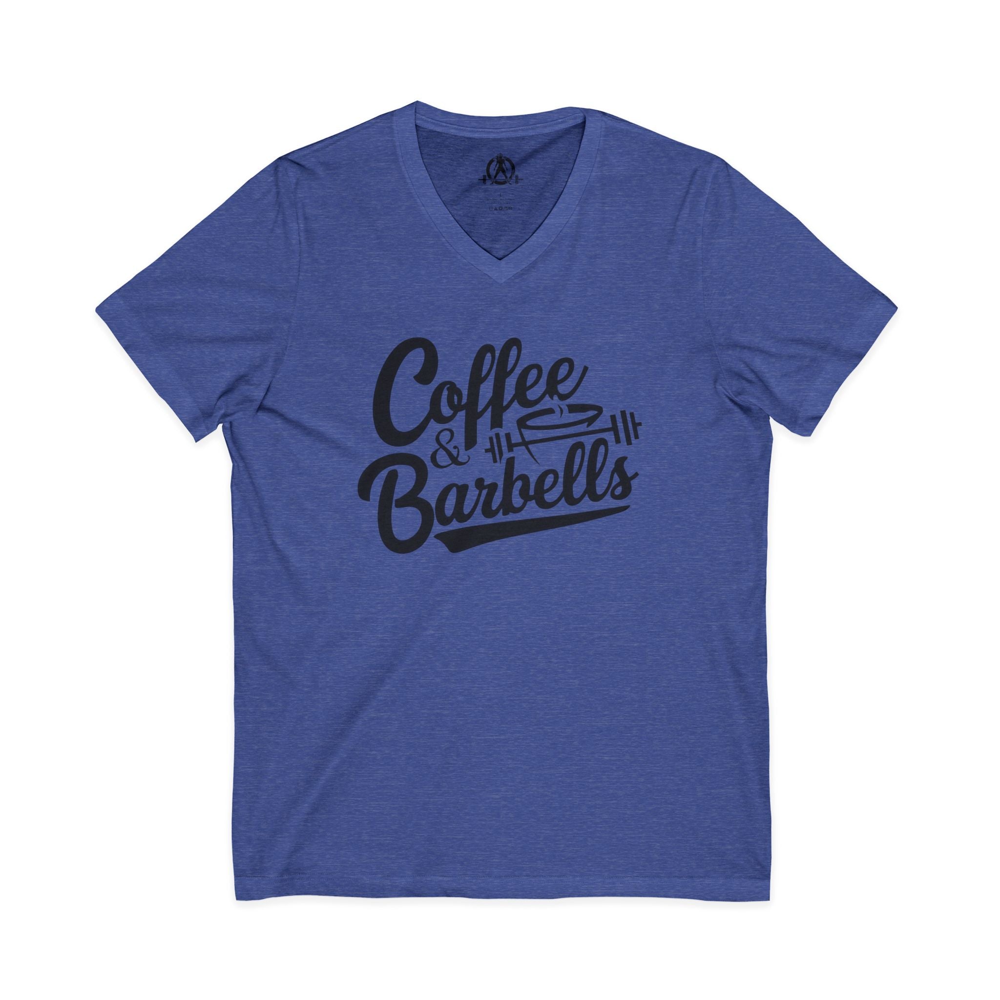 Coffee & Barbells - Unisex Jersey Short Sleeve V-Neck Tee - Black Logo Plain Back