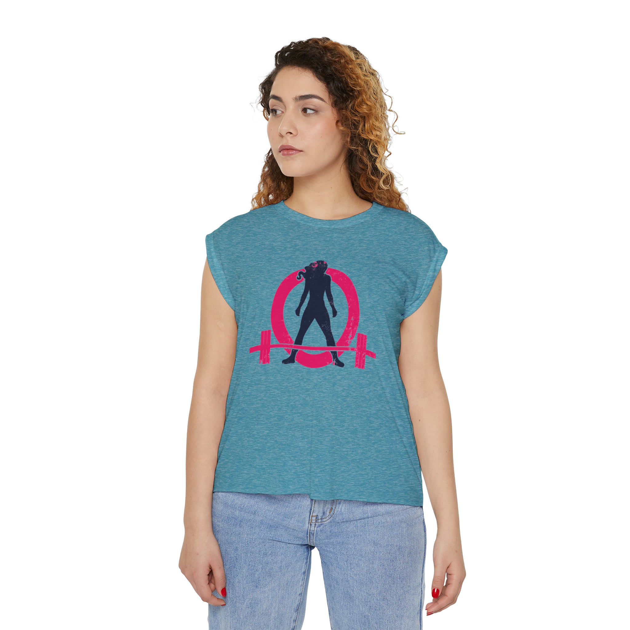Women’s Flowy Rolled Cuffs Muscle Tee - Light Distressed Logo