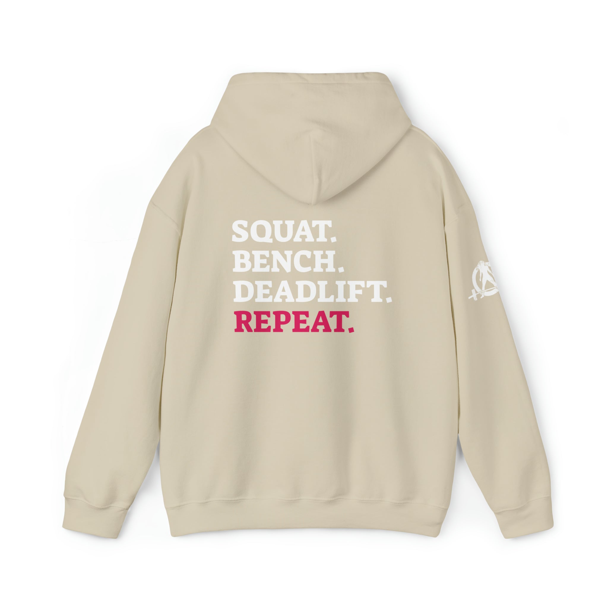 Squat Bench Deadlift Repeat - Unisex Heavy Blend Hooded Sweatshirt - Dark White Logo - Pink - SBDR on BACK
