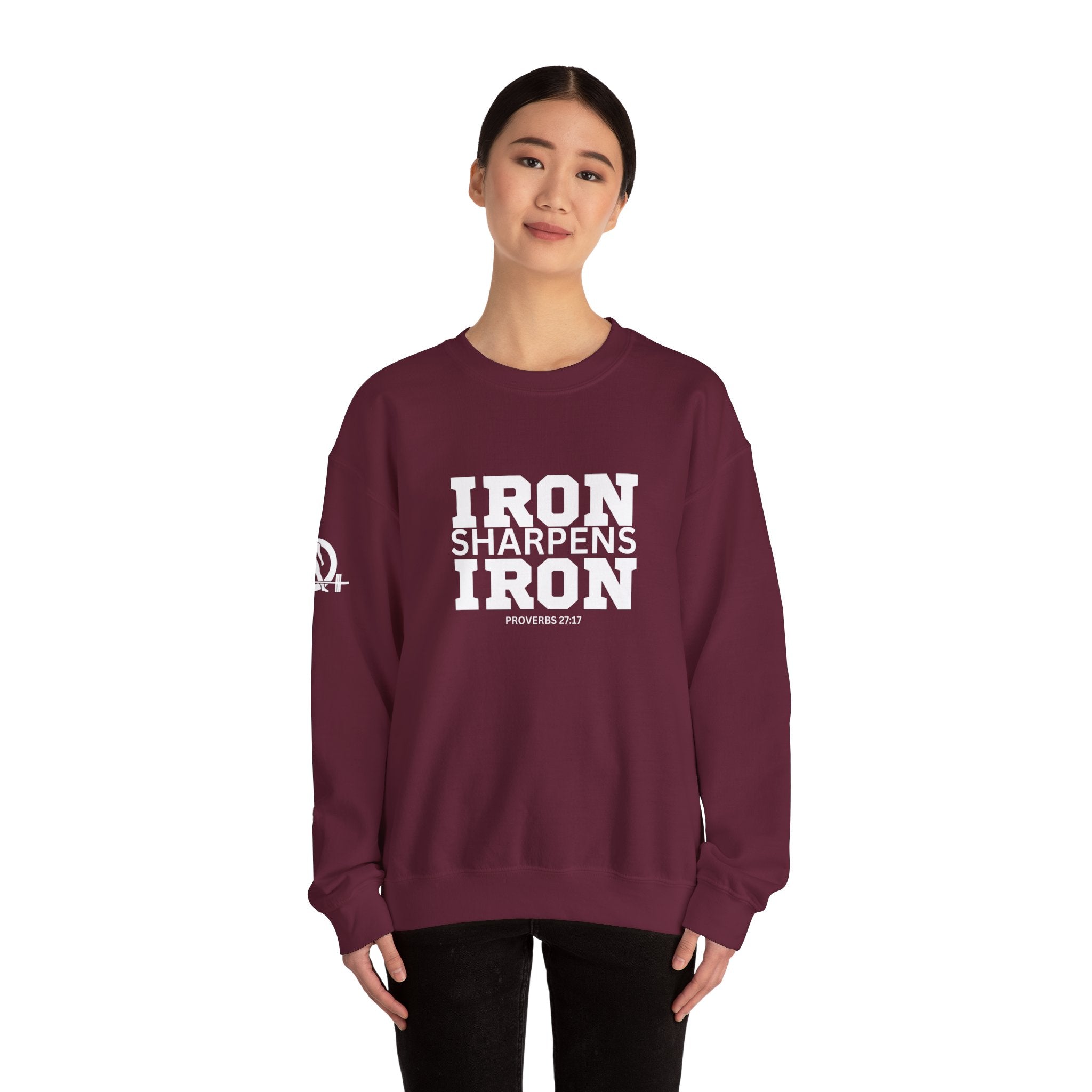 Iron Sharpens Iron - Unisex Heavy Blend™ Crewneck Sweatshirt - Front White Logo - Plain Back