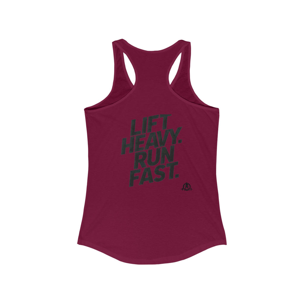 Lift Heavy - Run Fast - Racer Back Tank Top - Women's Ideal Racerback Tank (Black Front & Back Logo)
