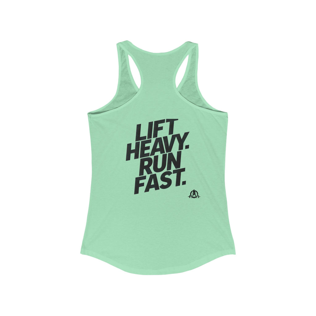 Lift Heavy - Run Fast - Racer Back Tank Top - Women's Ideal Racerback Tank (Black Front & Back Logo)
