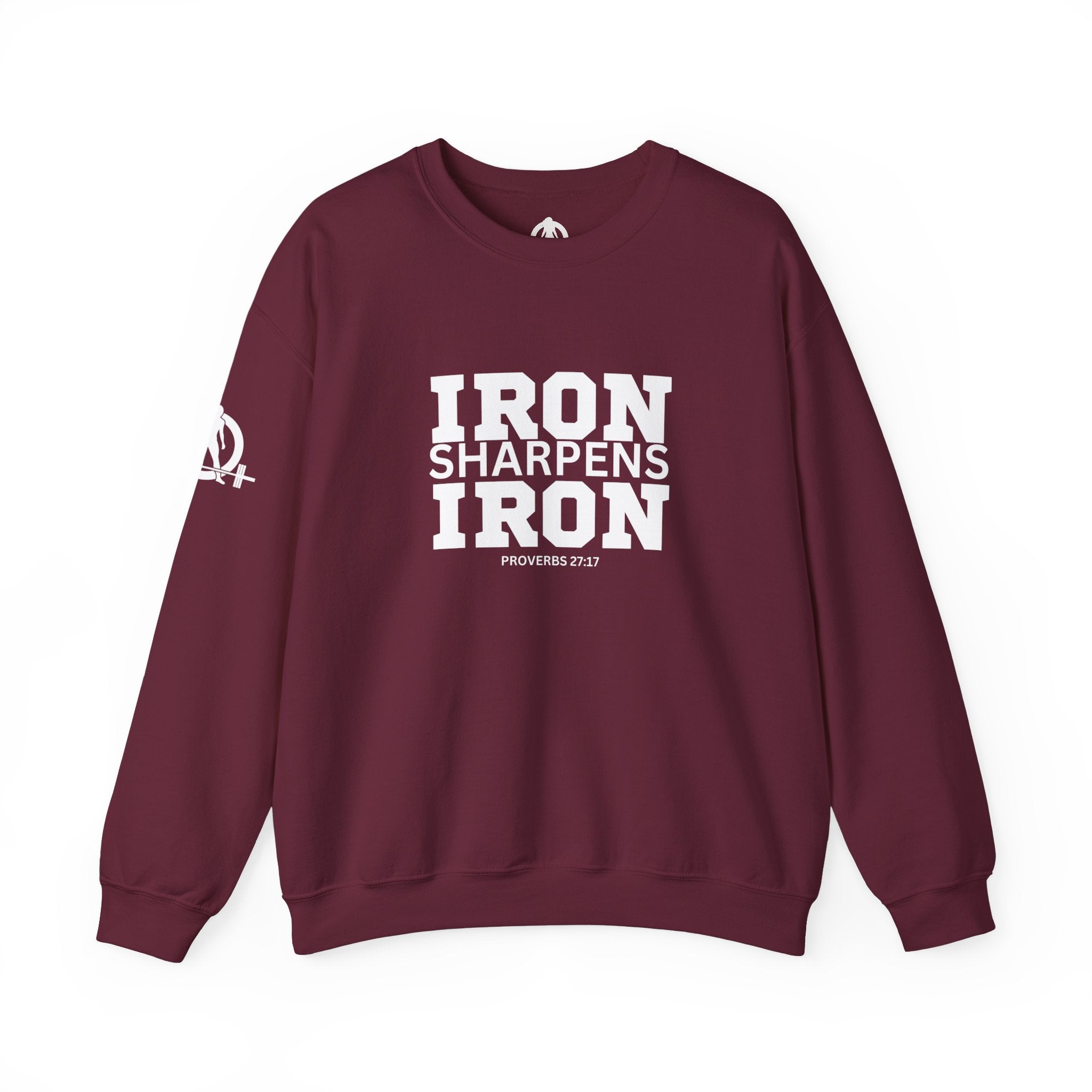 Iron Sharpens Iron - Unisex Heavy Blend™ Crewneck Sweatshirt - Front White Logo - Plain Back
