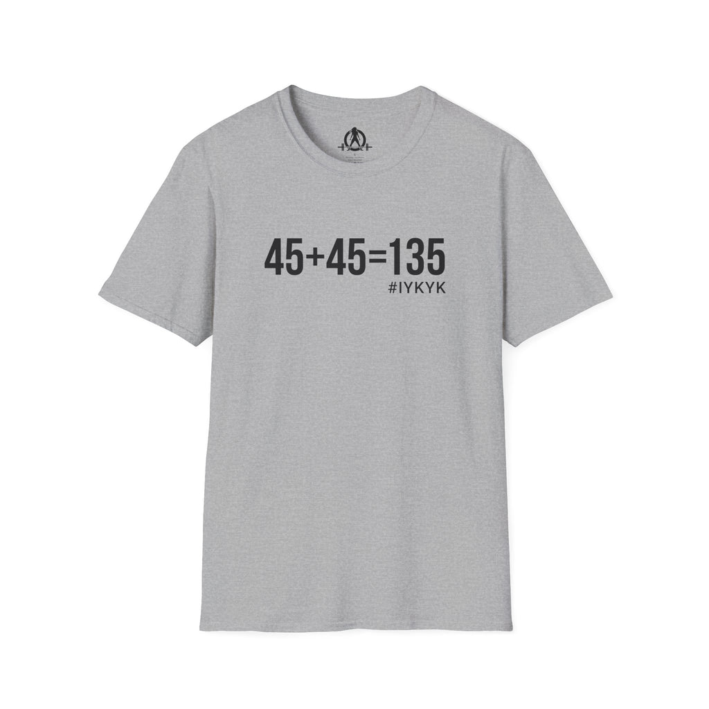45 + 45 = 135 - Unisex Softstyle T-Shirt - Black Print on Front Plain Back