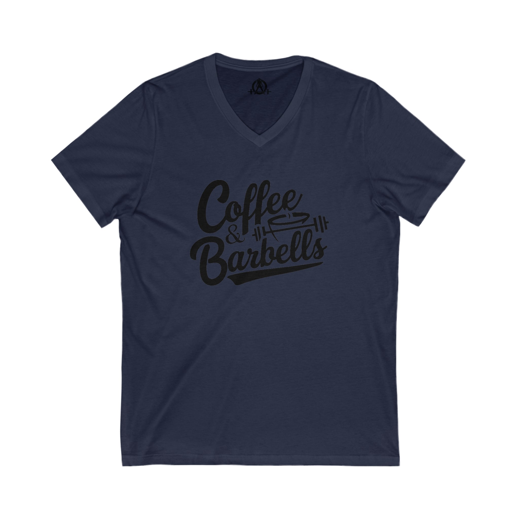 Coffee & Barbells - Unisex Jersey Short Sleeve V-Neck Tee - Black Logo Plain Back