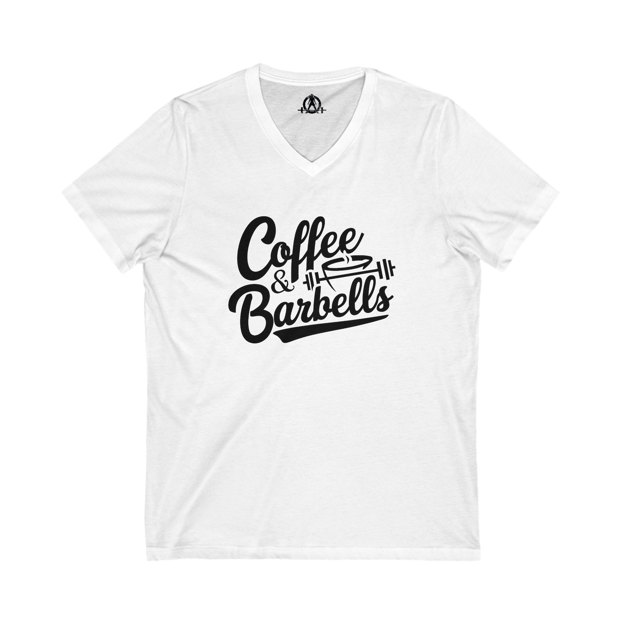 Coffee & Barbells - Unisex Jersey Short Sleeve V-Neck Tee - Black Logo Plain Back