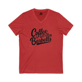 Coffee & Barbells - Unisex Jersey Short Sleeve V-Neck Tee - Black Logo Plain Back