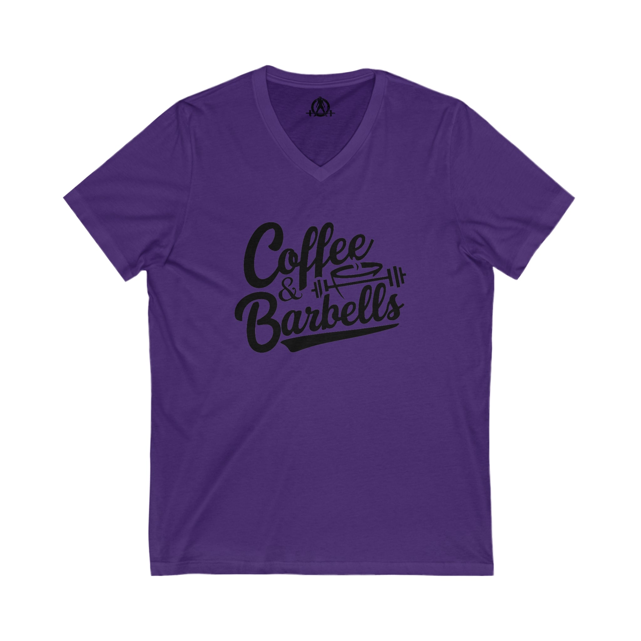 Coffee & Barbells - Unisex Jersey Short Sleeve V-Neck Tee - Black Logo Plain Back
