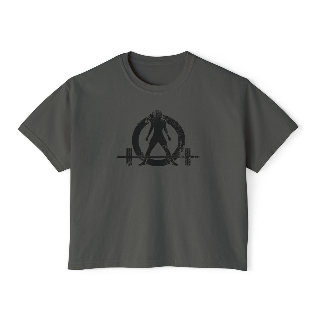 Women's Boxy Tee - Black Distressed Logo Front Plain Back