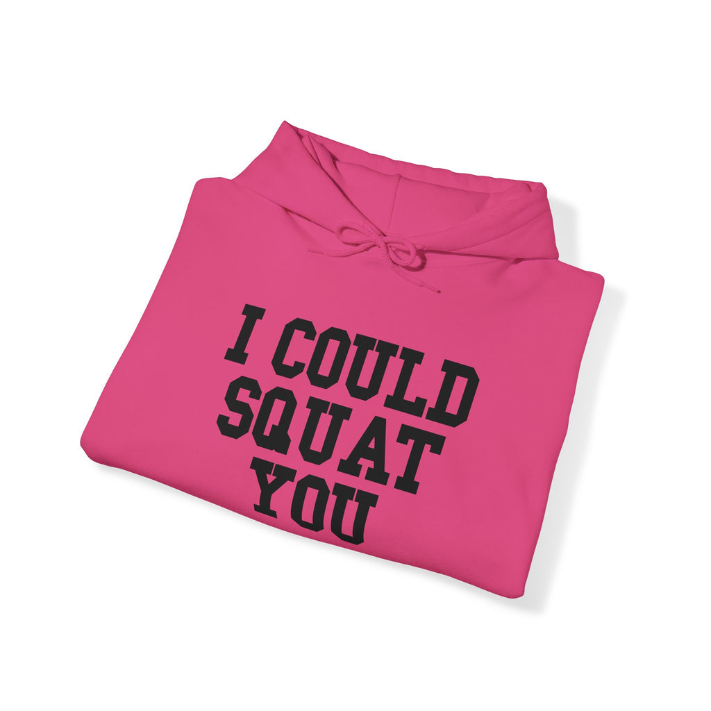 I Could Squat You - Classic Logo White - Unisex Heavy Blend Hooded Sweatshirt - Black Print on Front