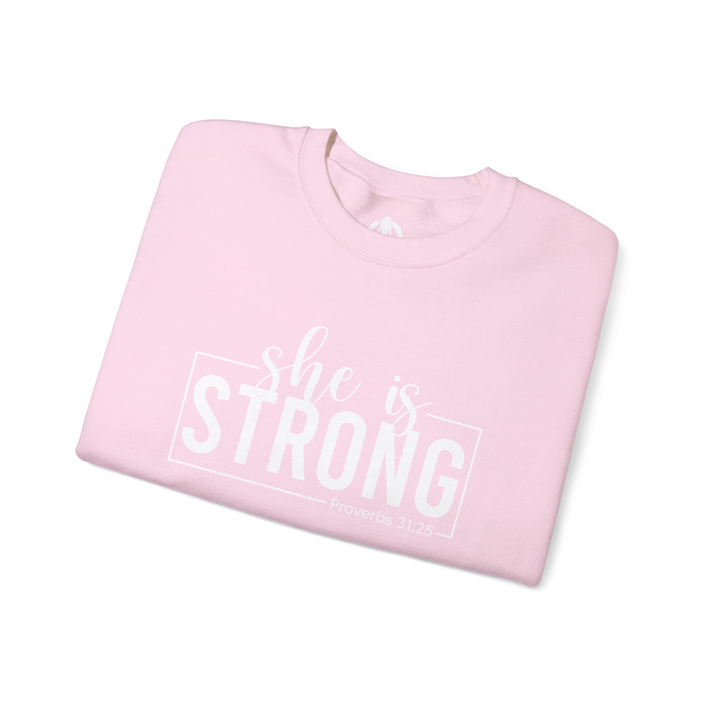 She is STRONG - Unisex Heavy Blend™ Crewneck Sweatshirt - Front White Logo - Plain Back