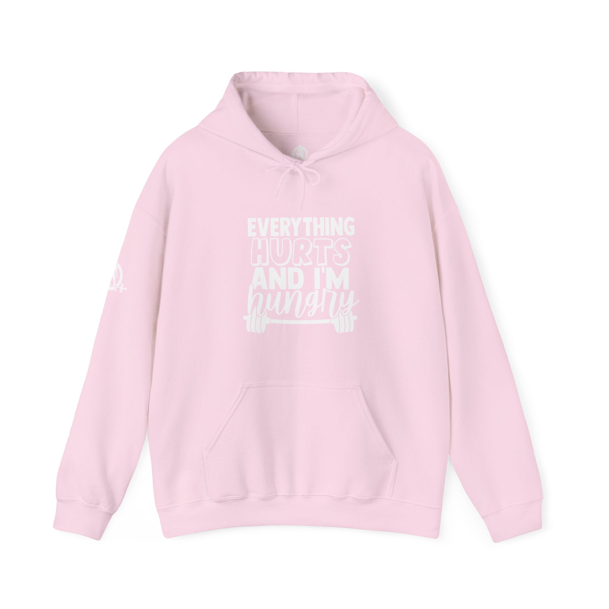 Everything Hurts & I'm Hungry  - Unisex Heavy Blend Hooded Sweatshirt  - White Print Front/Arm