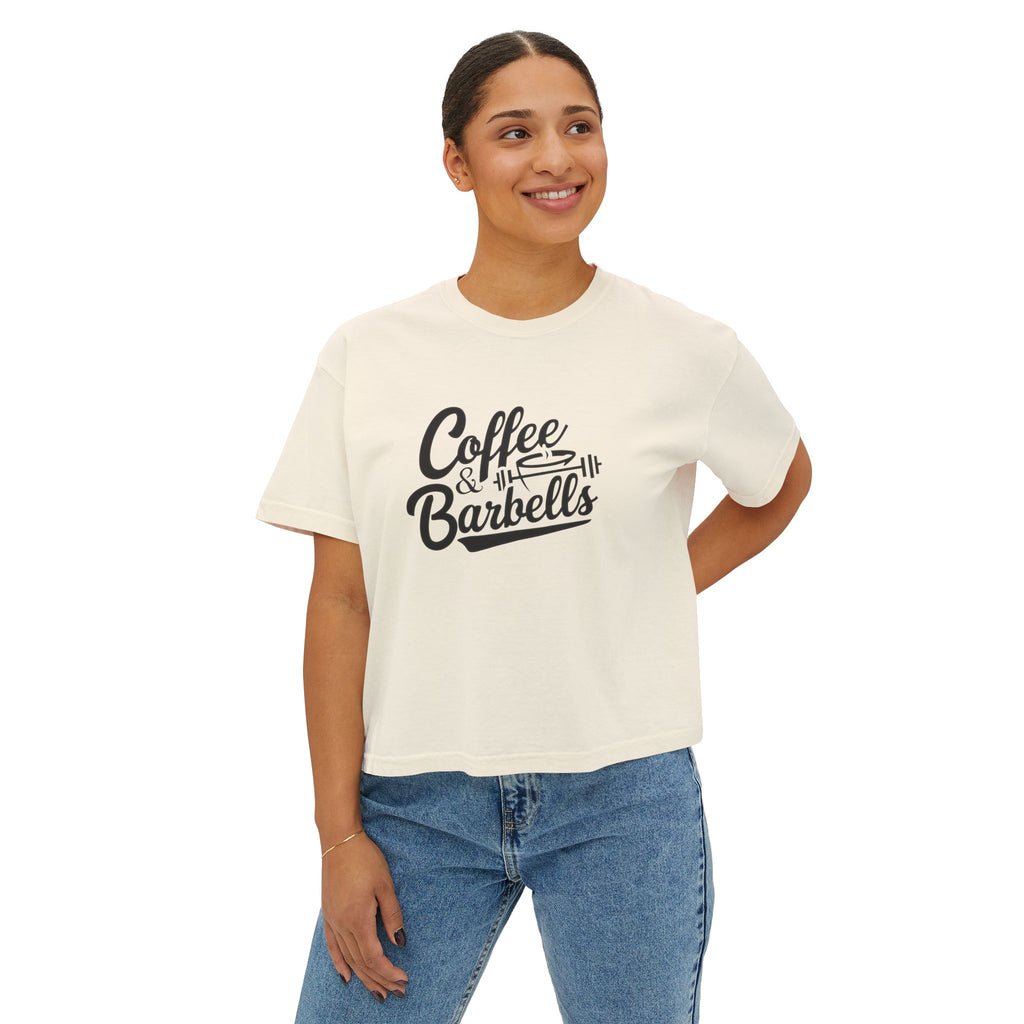 Coffee & Barbells - Women's Boxy Tee - Black Logo Front Plain Back